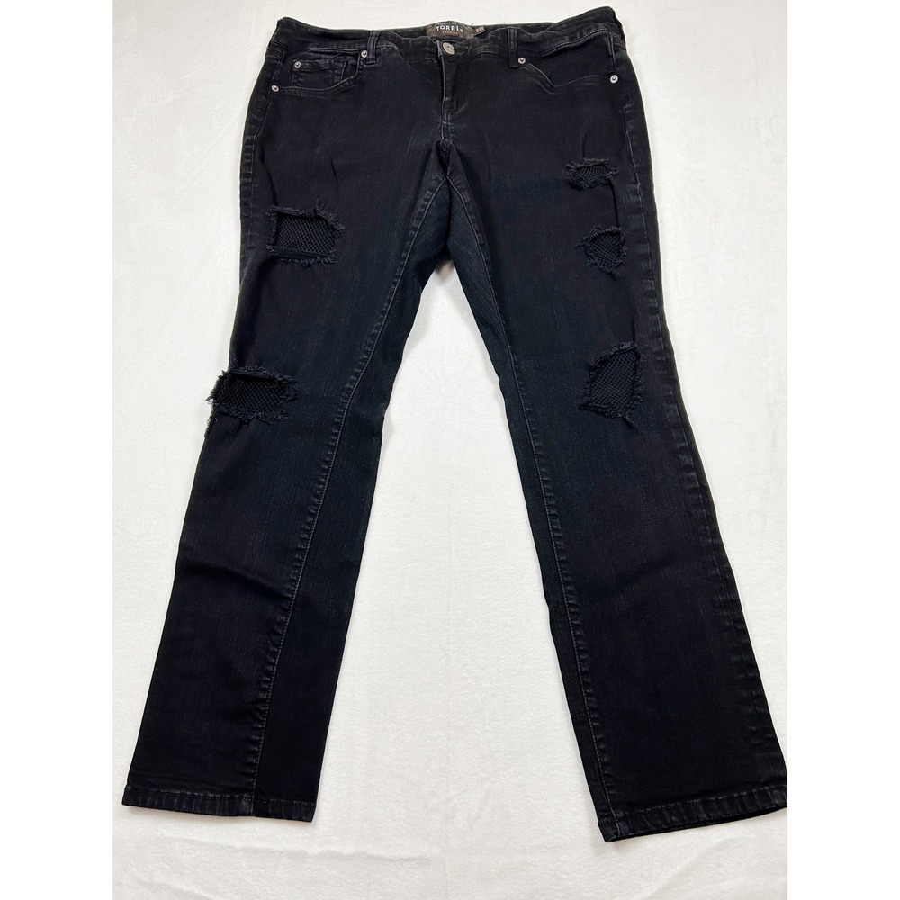 Torrid Premium Boyfriend Jeans 16R Black Distressed Fishnet Mesh Inset Stretch